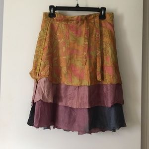 Gorgeous Vintage Pure Silk Multicolor Tiered Wrap Indian Boho Skirt S / M